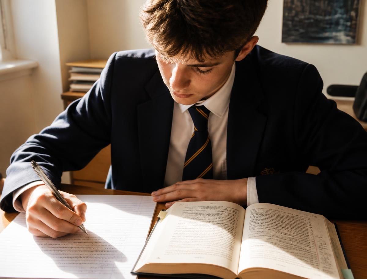 A secondary school student annotating a novel while writing an English essay
