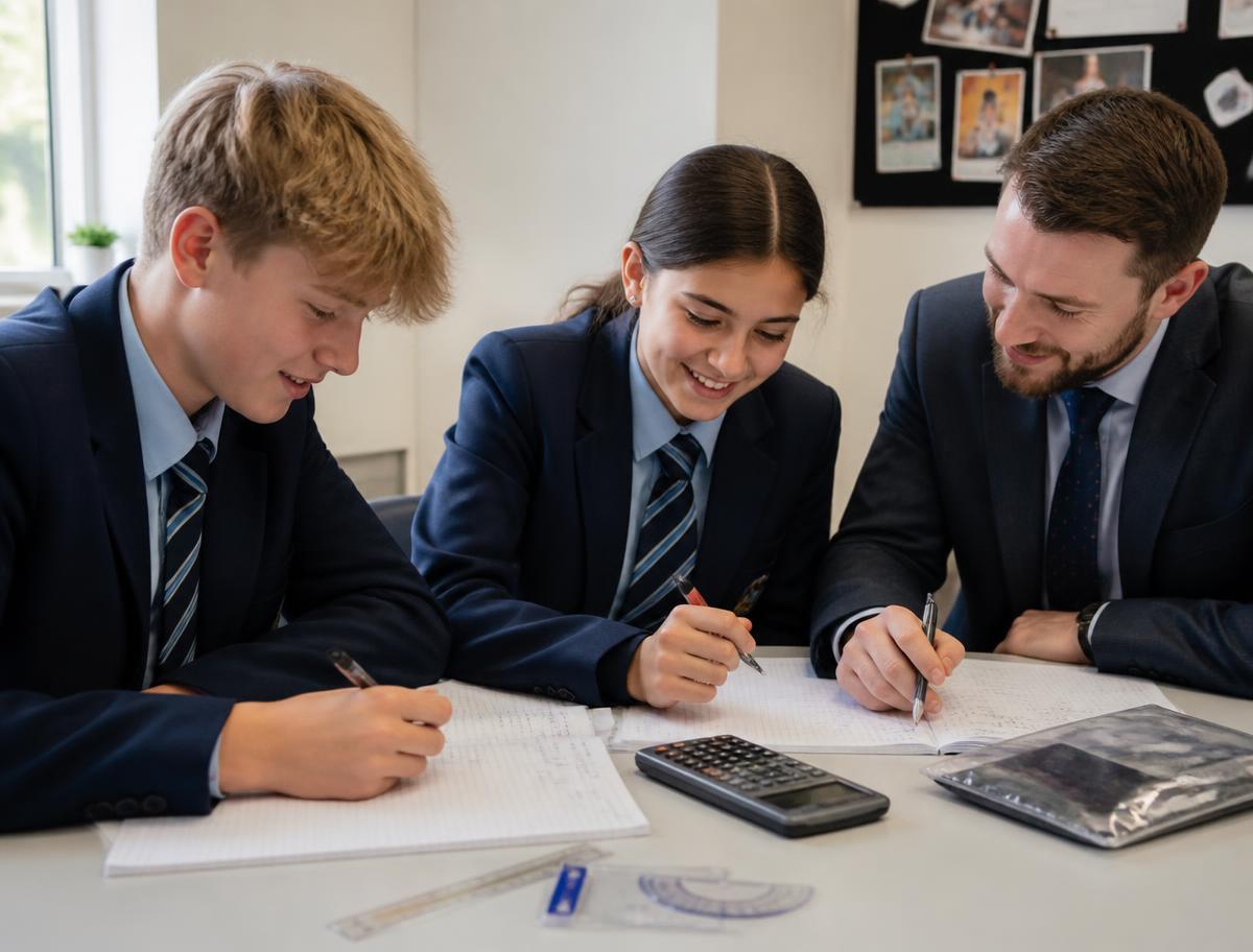 A maths tutor working through problems with two secondary school students