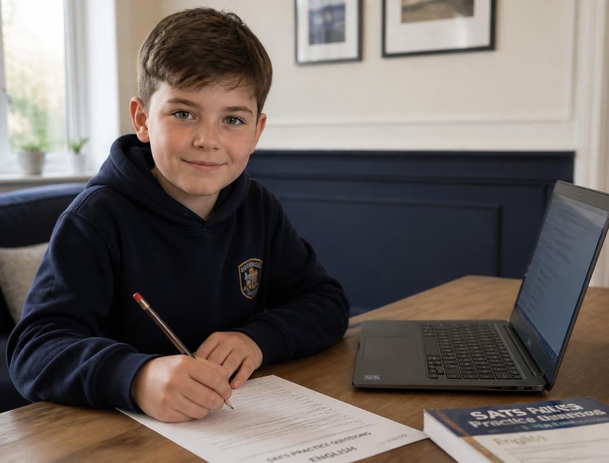 A Year 6 pupil working through a SATs practice paper at home